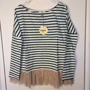 NWT Hayden Los Angeles Sz M Teal / White Stripe Long Sleeve Top W/ Tulle Ruffle